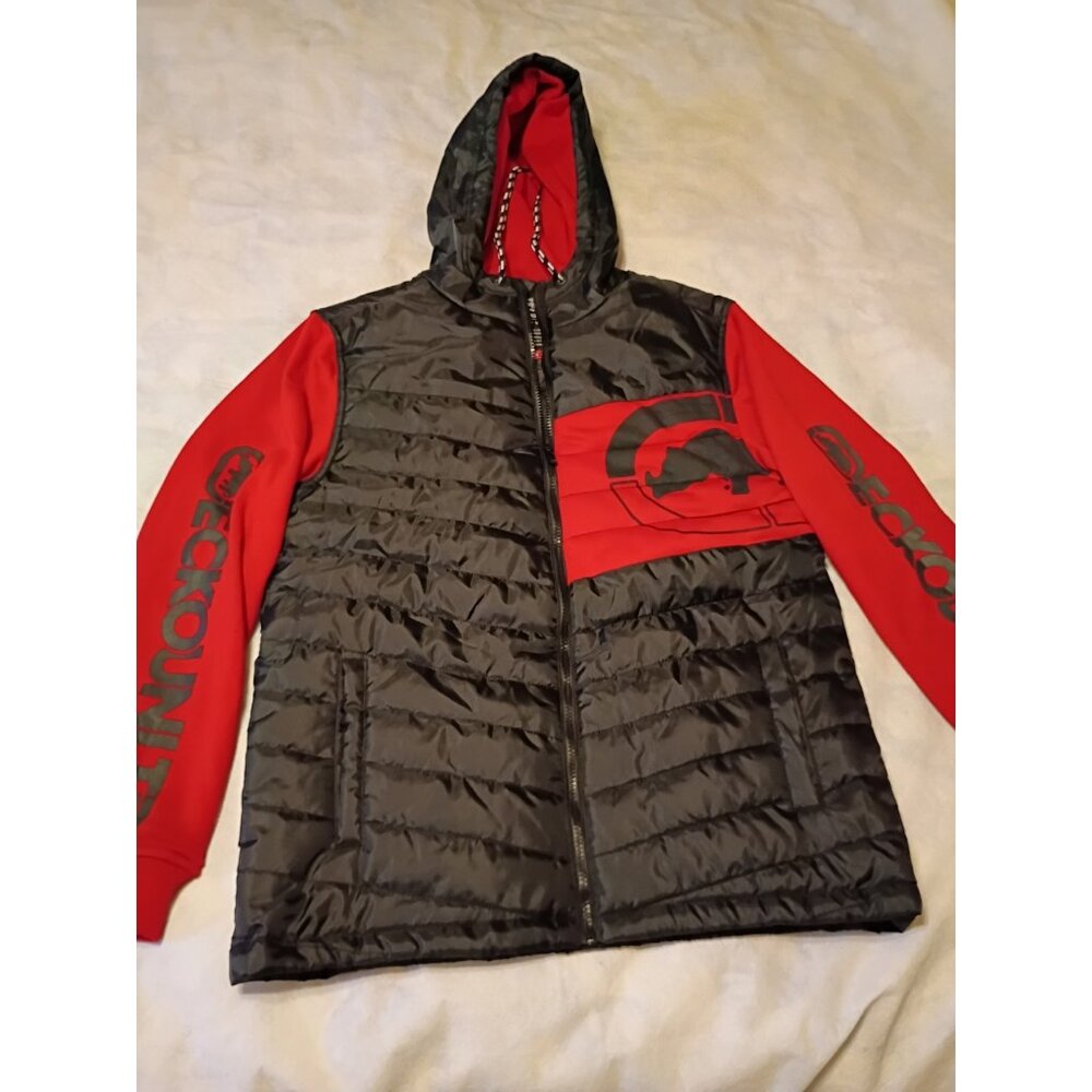 Ecko Mens Jacket Medium Puffer Hoodie Zip Front Long Sleeve Quilted Black Red